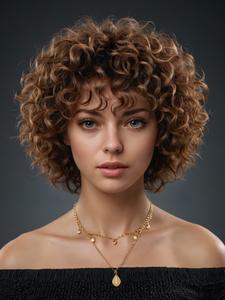 8 Inch Short Curly Wigs for Women, Gorgeous Fluffy Wigs with Bangs,  Human Hair Full Machine Wigs for Party, Daily Use