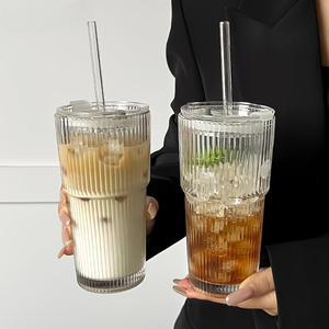 600ml Glass Coffee Cup with Lid & Straw, 1 Count Transparent Glass Cup, Drinking Cup for Home, Office and Travel Use, Drinkware, Bottles