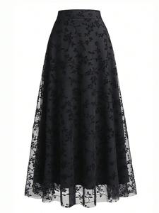 Women's Floral Embroidery Contrast Mesh A Line Skirt, Elegant High Waist Midi Skirt for Party Holiday Wedding Guest, Ladies Bottoms for All Seasons