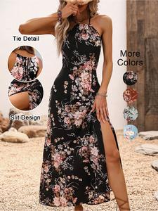 Women's All Over Floral Print Split Thigh Tie Back Cami Dress, Fashion Casual Halter Neck Long Dress for Beach Holiday Vacation, Ladies Summer Clothes