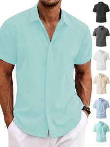 Men's Solid Linen Short-Sleeve Button Shirt, Casual Fitted Shirt, Regular Fit, Breathable Spread Collar Tee, Summer Daily Wear, Outdoor Casual Top, Classic Versatile, Today's Clearance, Focus Item, Essential for Man's Wardrobe.