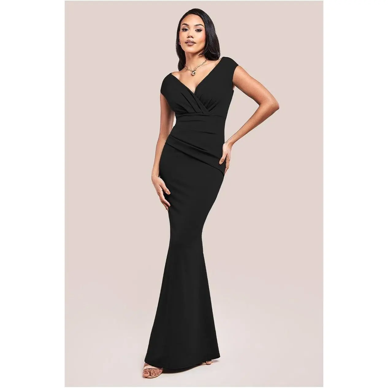 Goddiva Bardot Pleated Evening Maxi Dress - Black Comfort Elegant