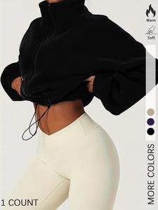 Women's Solid Drawstring Zip Up Crop Hooded Jacket, Casual Long Sleeve Mock Neck Fuzzy Outerwear for Spring & Fall, Ladies Clothes for Daily Wear