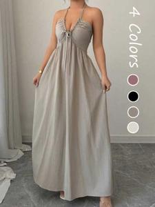 Women's A-Line Dress with Adjustable Straps, Stylish Lace-Up Detail for Summer, Casual Elegant Fashion for Women