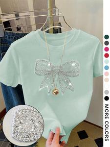 Women's Cartoon Bowknot Graphic Print Round Neck Tee, Fashion Casual Crew Neck Short Sleeve T-Shirt for Daily Holiday Vacation Outdoor Wear, Ladies Clothes for All Seasons, Top