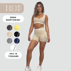 [HouseOfTrendz] SASHA Short Contrast Gym Set - Padded Sports Bra and Stretchy Cycling Shorts with Crossover Waist - Active Two Piece Gym Set, Sculpt, Shape, Built-in-bra, High Waisted Co-Ord, Sports, Casual, Airport Outfit, Womenswear Athletic Comfort