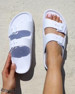 SIMMI Samantha Exclusive White Women's Flat Slip on Footbed Slides - Wide Feet Friendly Summer style Holiday shoes