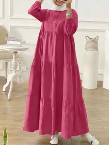 Women's Solid Button Front Ruffle Hem Arabian Dress, Modest Casual Bishop Sleeve Tiered Layer Long Dress for Daily Wear, Women's Islamic Clothing for Fall & Winter