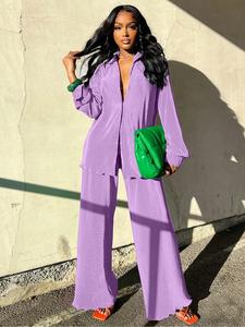 Women's Solid Button Front Shirt & Elastic Waist Pants Two-piece Set Suits, Outfits, Casual Lettuce Trim Long Sleeve Collared Top & Wide Leg Trousers for Spring & Fall, Women's Clothes for Daily Wear, Fit, Womenswear