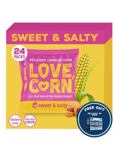 LOVE CORN Sweet & Salty Crunchy Corn Snack 20g x 24 Bags – Free Box of Sea Salt when you purchase - Healthy Snacks Ideal for Gluten Free Diets – Alternative for Crisps, Popcorn & Chocolate – Perfect To Graze On