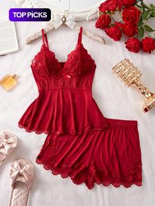 Women's Plain Lace Patchwork Bow Decor Cami Top & Shorts PJ Set, Adjustable Spaghetti Strap Camisole & Elastic Waist Shorts, Ladies Sleepwear for All Seasons