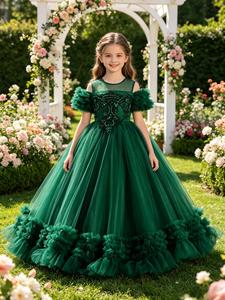 Party Dress, Long Ruffled Mesh Skirt, Princess Style Birthday Gown, Elegant Girl Bridesmaid Dress, Performance Costume, Summer Dress