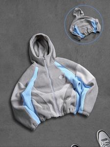 Men's Contrast Color Patchwork Zip Hoodie Jacket, Fall/winter Zipper Short Men's Hooded Sweatshirt, Shark Style Hooded Outerwear, Dad Hoodie
