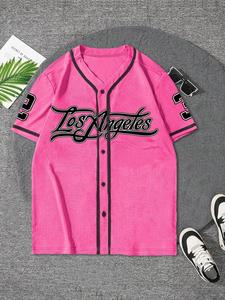 Men's Letter & Number Print Contrast Binding Baseball Jersey, Regular Fit Casual Short Sleeve V Neck Baseball Top for Summer, Fashion Men's Clothes for Daily Wear, Jersey Shirts