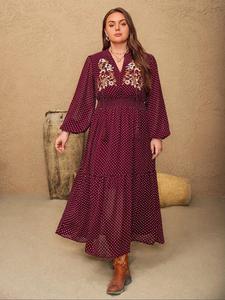 【Plus Size】 Polka Dot Print Floral Embroidery Ruffle Hem Casual A Line Dress, Elegant Bishop Sleeve Tie Neck Long Dress for Spring & Fall, Women's Clothes for Vacation Holiday