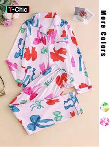 Two-Piece Set Women's All Over Bow Print Pajama Set, Casual Comfy Long Sleeve Button Front Collared Top & Pants PJ Set, Ladies Sleepwear for Spring & Fall