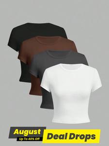 Women's Solid Round Neck Crop Tee, Fitted Casual Minimalist Soft Fabric Short Sleeve Crew Neck T-shirt for Daily Wear, Ladies Clothes for All Seasons, Summer Cute Tops, Tshirt Womenswear, Spring