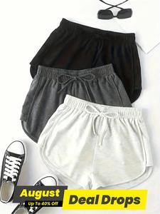 Women's 3pcs Solid Drawstring Sports Shorts, Casual Elastic Waist Shorts for Running Gym Workout, Ladies Sportswear for Spring & Fall, Summer Sports Shorts, Breathable Fitness Shorts