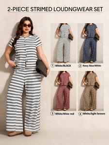 Women's Plus Size Homecoming Set, Striped Pattern, Front Button Design, Short Sleeve Long Pants, Casual Fashion Comfortable Wear