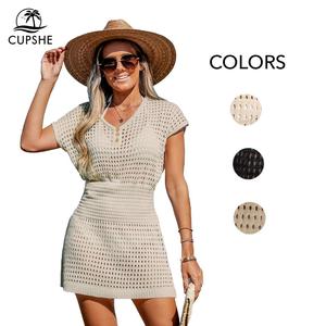 CUPSHE Women's Hollow Out Crochet Beach Cover Up Dress with V-Neckline and Short Sleeves Summer Vacation Bathing Suit Casual Swimwear Fashion Swimsuit