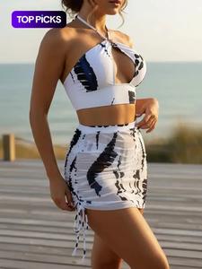 Women's Summer 3 Counts Colorblock Print Cut Out Tie Back Bikinis Set, Spring Outfit, Comfort Ring Linked Halter Sleeveless Bra & Drawstring Ruched Skirt & High Cut Panty, Swimsuit Sets, Bathing Suits 2024 for Women Summer
