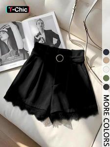 Valentine's Day Women's Summer Shorts Elegant Series Fashion Versatile (with Belt), Fitted Design Contrast Lace, Plain Pattern Short Pants