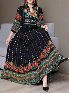 Bohemian Travel Dress, Ethnic Embroidery Long Dress, Vintage Floral Print, Loose Fit, Belted, All Seasons, Women's Fashion
