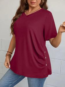 Plus Size Plain Fake Buttons Ruched  Tee, Casual Short Sleeve V Neck T-shirt for Summer, Women's Plus Clothing for Daily Wear