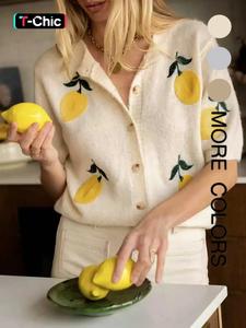 Women's Lemon Embroidery Sweater Cardigan, Casual Short Sleeve Knitwear for Daily Wear, Ladies Knitting Clothes for All Seasons, Tops, Womenswear