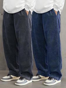 Men's Solid Drawstring Waist Corduroy Pants, Loose Casual Comfy Pocket Straight Leg Trousers for Fall & Winter, Men's Bottoms for Daily Wear