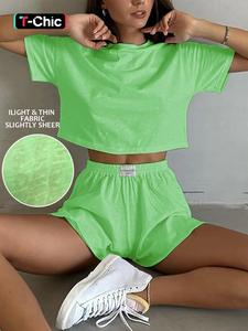 Women's Solid Crop Shortsleeve Top & Shorts Loungewear Two-piece Set, Minimalist Casual Comfy Round Neck Top & Shorts Pj Set, Ladies Sleepwear for Summer, Pajama, Womenswear