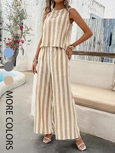 Two-piece Set Women's Striped Print Tank Top & Wide Leg Pants, Sleeveless Top & Palazzo Pants for Beach Vacation Holiday, Ladies Clothes for All Seasons