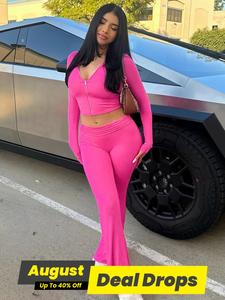 Women's Solid Zip Up Hooded Crop Tight Hoodie & High Waist Flare Leg Pants Set, Casual Fashion Long Sleeve Top & Bell Bottom Trousers, Ladies Spring & Fall Clothes, Womenswear