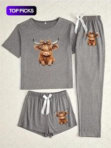 Women's Three-Piece Pajama Set, Highland Cow Print, Casual Elegant Wearable, All-Season Comfortable Sleepwear