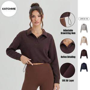 Katch Me Look Women's Sporty Partial Button Long Sleeve Drawstring Crop Yoga Top, Versatile Collared Solid Color Gymwear, Sport & Outdoor Clothing