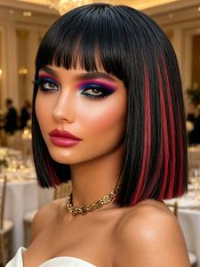Human Hair Glueless Bob Wig With Bangs, 10 Inch Double Drawn Full Machine Made Wig,Classic Styled Human Hair Wig,Easy To Wear,Suitable For Women Daily Or Casual All-Day Wear