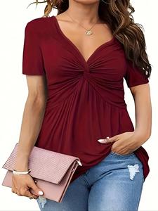 【Plus Size】 Solid Twist Front V Neck Tee, Elegant Casual Short Sleeve T-shirt for Summer, Women's Plus Clothing for Daily Wear, Lady Top