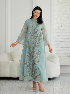 Middle Eastern Women's Traditional Style Elegant Sequined Mesh Loose Fit Long Sleeves Dress Ethnic Pattern Kaftan Robe, Fashionable Long Gown for Special Occasions