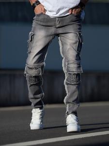 Men's Solid Color Ripped Detail Denim Pants, Slim Casual Comfy Jeans for Daily Wear, Fashion Men's Bottoms for All Seasons