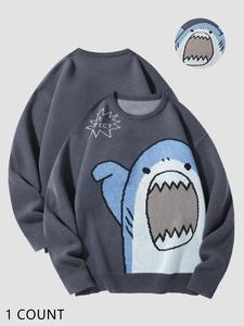 Men's Cartoon Shark Print Round Neck Sweatshirt, Regular Fit Casual Fashion Long Sleeve Pullover for Fall & Winter, Men's Clothes for Daily Wear