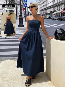 Women's Denim Elastic Halter Dress, Summer Waist Cinched Long Gown, Vintage Blue Strapless Halter, Casual Loose-Fitting Jumpsuit