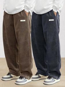 Men's Letter Label Patched Pocket Corduroy Pants, Casual Comfy Straight Leg Trousers for Fall & Winter, Men's Bottoms for Daily Wear