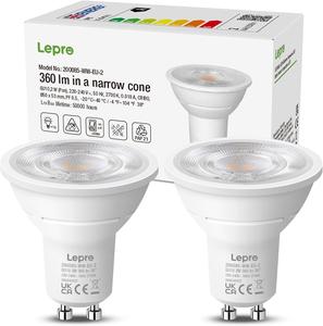 Lepro GU10 LED Bulbs, Warm White 2700K, A Energy Class, 360LM, 2W (50W Equivalent), 38° Beam Angle, 50000H Long Life, 96% Energy Saving Spotlight Bulb, Non-Dimmable, 2 Packs [Energy Class A]