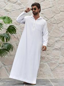 Men's Solid Pocket Zipper Hooded Kaftan, Loose Baggy Modest Casual Long Sleeve Kaftan, Traditional Arabic Robe, Premium Traditional Thobe, Modesty Thobe, Authentic Saudi Thobe, Men's Islamic Clothing for All Seasons Daily Wear