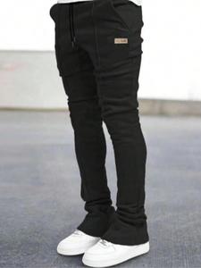 Men's Slim Letter Patched Drawstring Sweatpants, Casual Pocket Design Trousers for Daily Wear, Men's Trousers for All Seasons, Menswear