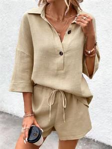 European Women's Summer Solid Color Short Sleeve T-Shirt, Casual Versatile Loose Fit Sport Set, Elastic Shorts 2-Piece Set