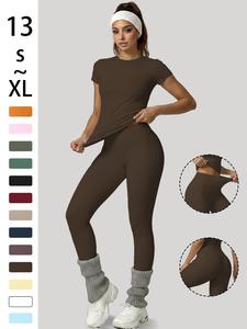 Women's Sportswear Set, Slim-Fit Round Neck Short Sleeves & High-Waisted Yoga Pants, Ideal for Gym Running Outdoor Activities