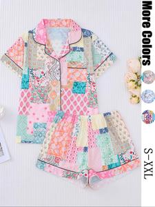 Women's All Over Print Pajama Set, Casual Comfy Button Front Chest Pocket Design Lapel Neck Shortsleeve Top & Elastic Waist Shorts PJ Set, Ladies Sleepwear, Loungewear, Summer Pajamas Set