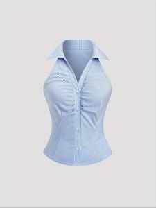 Women's Striped Button Front Shirt, Casual Sleeveless Collar Top for Summer, Ladies Clothes for Daily Wear
