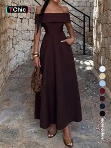 Elegant Off-Shoulder Dress with Waist Design, Simple and Classic Party Wear, Women's Stylish Evening Dress for Special Occasions
